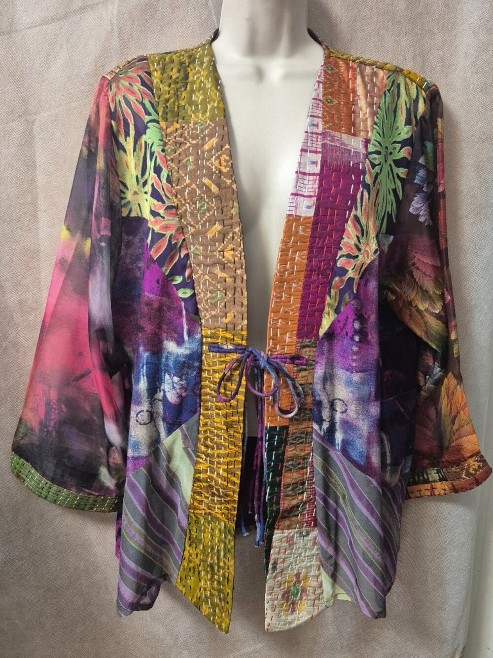 Vintage Sterling Styles Artsilk Kimono Jacket, Open Front w/Ties, One Size